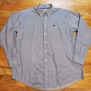 Cinch Long Sleeve Button Down Shirt Men's Large White Blue Striped Dress